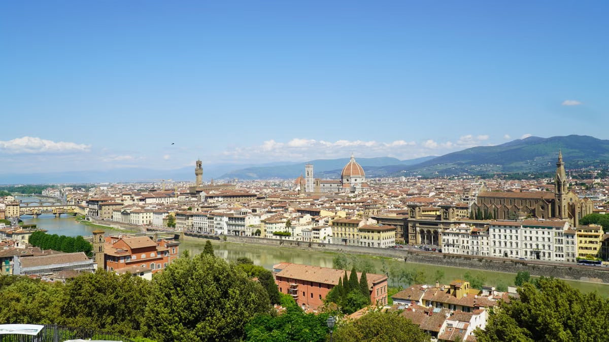 Panoramic view of Florence's iconic skyline featuring the Duomo in Tuscany, Italy, under a clear blue sky.